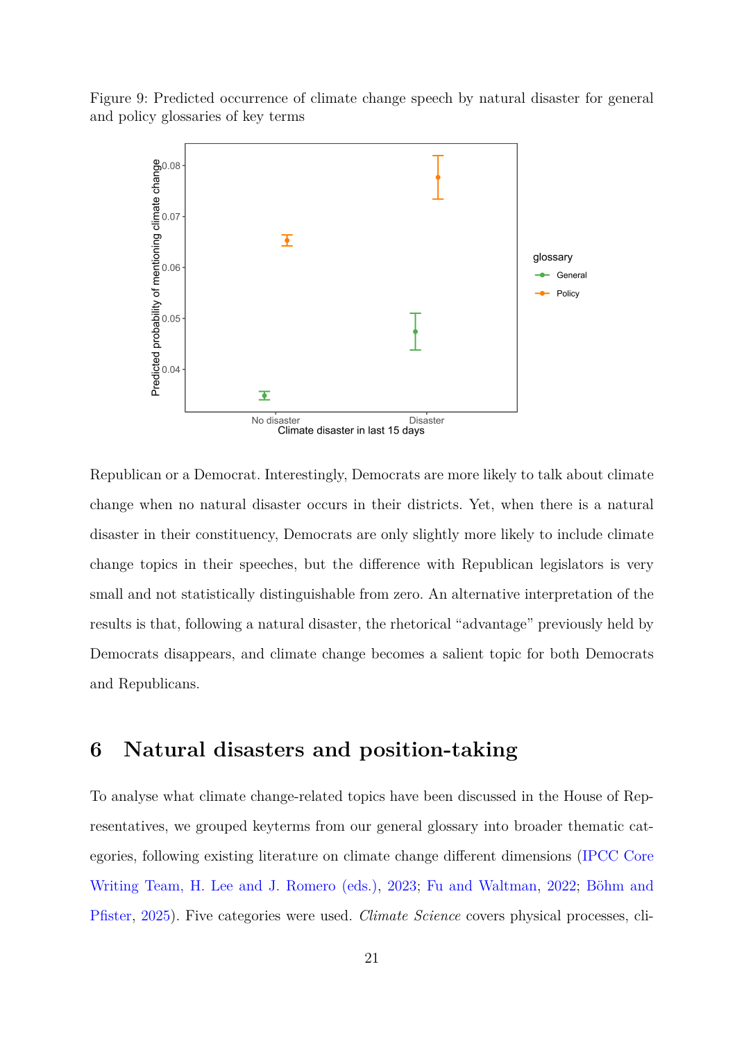 Figure 9: Predicted probability of climate change speech by natural disaster and party